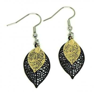 Boucles d oreilles feuille noire et dore support acier inoxydable 5 1 