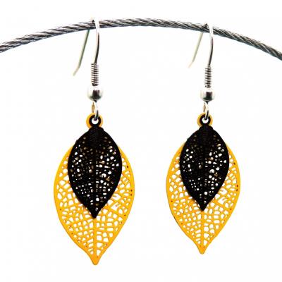 Boucles d oreilles feuilles estampe jaune et noir 1