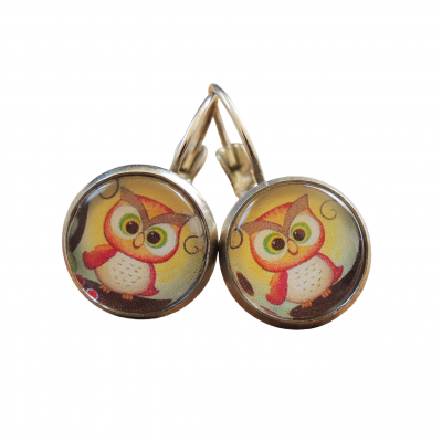 Boucles d oreilles hibou chouette dormeuse en laiton argente cabochon en verre 12 mm 8 