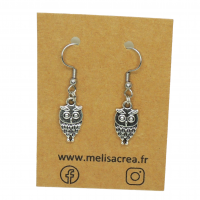 Boucles d oreilles hibou chouette recto verso pendante couleur argentee 7 