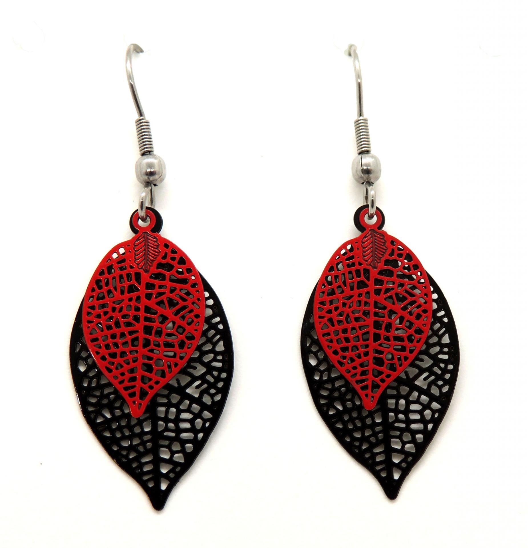 Boucles d'oreilles Feuilles - Noir et rouge