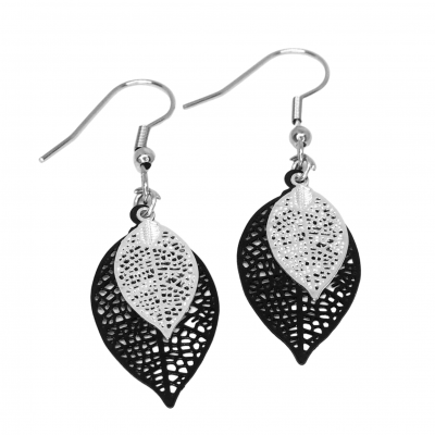 Boucles d oreilles noire et argente pendante crochet support en acier inoxydable 8 