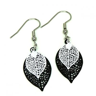 Boucles d oreilles noire et blanche feuille double crochet en acier inoxydable 2 1 