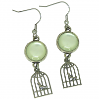Boucles d oreilles pendante breloque cage a oiseaux cabochon en verre en resine vert d eau 15 