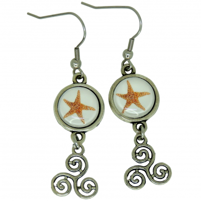 Boucles d oreilles pendante cabochon en verre etoile de mer breloque argentee triskell 3 