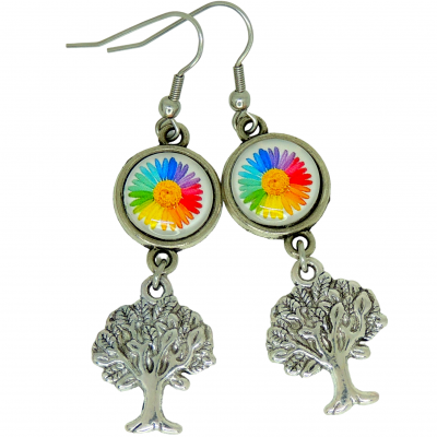 Boucles d oreilles pendante cabochon en verre paquerette multicolore breloque arbre de vie argente 3 1 