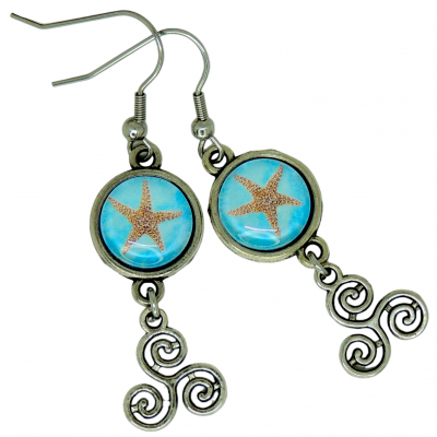 Boucles d oreilles pendante crochets en acier inoxydable cabochon en verre etoile de mer breloque triskell argente 6 1 