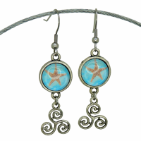 Boucles d oreilles pendante crochets en acier inoxydable cabochon en verre etoile de mer breloque triskell argente 9 