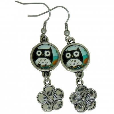 Boucles d oreilles pendante hibou chouettte noir sur fond marin 1 