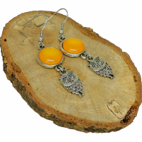 Boucles d oreilles pendantes cabochon en resine orange breloque hibou 11 