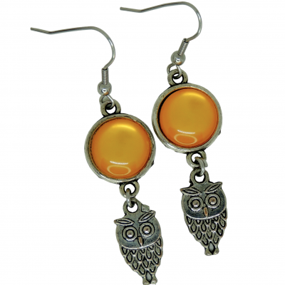 Boucles d oreilles pendantes cabochon en resine orange breloque hibou 2 