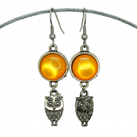 Boucles d oreilles pendantes cabochon en resine orange breloque hibou 7 