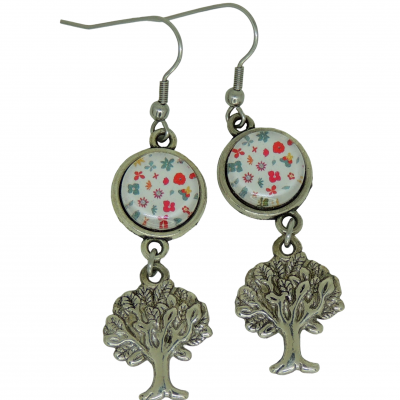 Boucles d oreilles pendantes cabochon en verre avec fleur breloque arbre de vie argente 4 