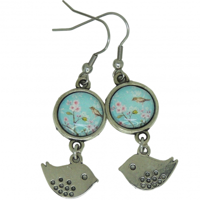 Boucles d oreilles pendantes cabochon oiseaux sur fond bleu breloque argentee oiseaux 6 1 1