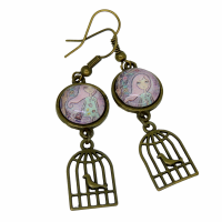 Boucles d oreilles pendantes en laiton couleur bronze crochets sans nickel breloque cage a oiseau fillette ton mauve 1 