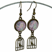 Boucles d oreilles pendantes en laiton couleur bronze crochets sans nickel breloque cage a oiseau fillette ton mauve 11 