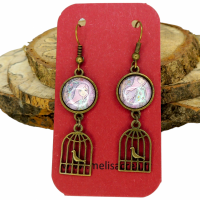 Boucles d oreilles pendantes en laiton couleur bronze crochets sans nickel breloque cage a oiseau fillette ton mauve 14 