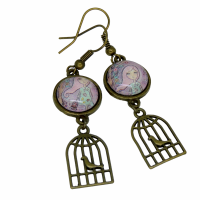 Boucles d oreilles pendantes en laiton couleur bronze crochets sans nickel breloque cage a oiseau fillette ton mauve 2 