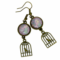 Boucles d oreilles pendantes en laiton couleur bronze crochets sans nickel breloque cage a oiseau fillette ton mauve 3 