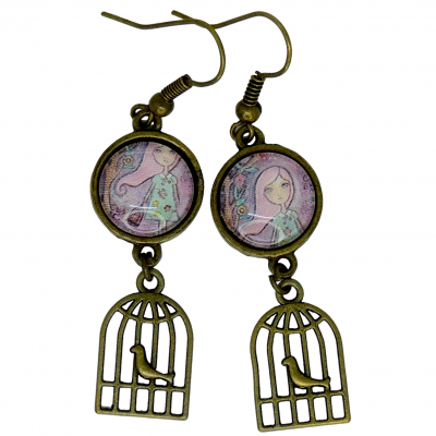 Boucles d oreilles pendantes en laiton couleur bronze crochets sans nickel breloque cage a oiseau fillette ton mauve 5 