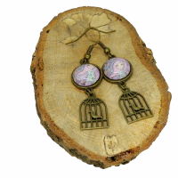 Boucles d oreilles pendantes en laiton couleur bronze crochets sans nickel breloque cage a oiseau fillette ton mauve 8 