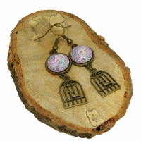 Boucles d oreilles pendantes en laiton couleur bronze crochets sans nickel breloque cage a oiseau fillette ton mauve 9 