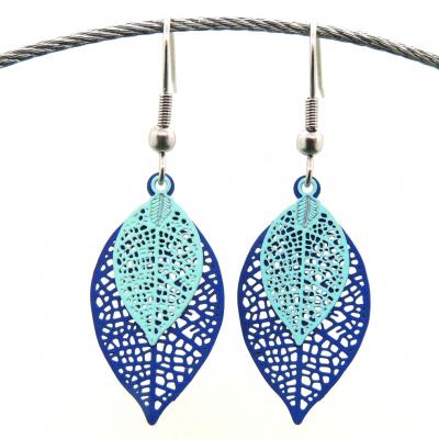 Boucles d oreilles pendantes estampe feuilles bleu marine et bleu ciel 1