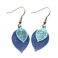 Boucles d oreilles pendantes estampe feuilles bleu marine et bleu ciel 7