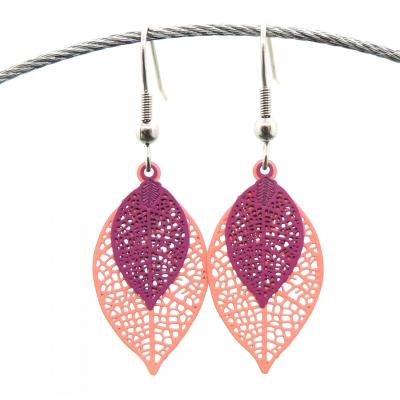 Boucles d oreilles pendantes feuille rose et mauve 3