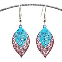 Boucles d oreilles pendantes feuilles mauve et turquoise 1