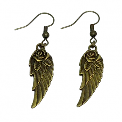 Boucles d oreilles plume avec rose breloque couleur bronze 1 