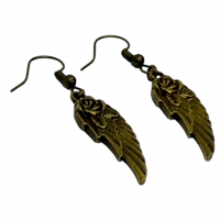 Boucles d oreilles plume avec rose breloque couleur bronze 2 