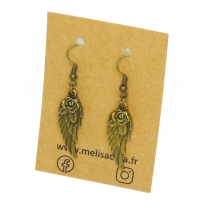 Boucles d oreilles plume avec rose breloque couleur bronze 7 