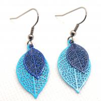 Bouclesd oreilles pendantes feuille estampe bleu turquoise et bleu marine 1