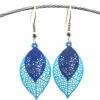 Bouclesd oreilles pendantes feuille estampe bleu turquoise et bleu marine 3
