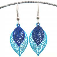 Bouclesd oreilles pendantes feuille estampe bleu turquoise et bleu marine 4
