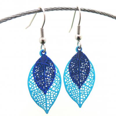 Bouclesd oreilles pendantes feuille estampe bleu turquoise et bleu marine 5