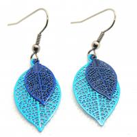Bouclesd oreilles pendantes feuille estampe bleu turquoise et bleu marine
