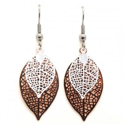 Bouclesd oreilles pendantes feuille estampe dore rose et blanc