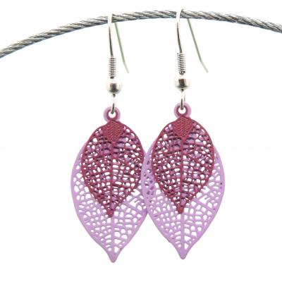 Bouclesd oreilles pendantes feuille estampe lilas et mauve 5