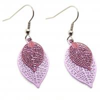 Bouclesd oreilles pendantes feuille estampe lilas et mauve
