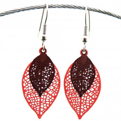 Bouclesd oreilles pendantes feuille estampe orange et marron 1