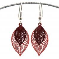 Bouclesd oreilles pendantes feuille estampe orange et marron 3