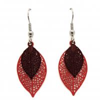 Bouclesd oreilles pendantes feuille estampe orange et marron 4
