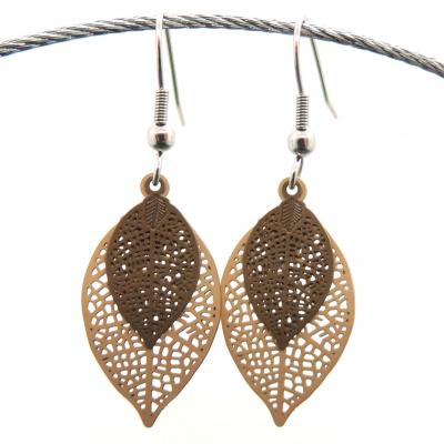 Bouclesd oreilles pendantes feuille estampe taupe et marron 3