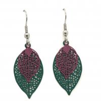 Bouclesd oreilles pendantes feuille estampe vert et mauve 2