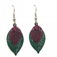Bouclesd oreilles pendantes feuille estampe vert et mauve 4