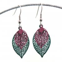 Bouclesd oreilles pendantes feuille estampe vert et mauve 5