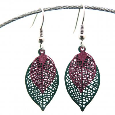 Bouclesd oreilles pendantes feuille estampe vert et mauve 6