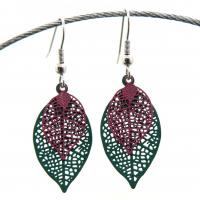 Bouclesd oreilles pendantes feuille estampe vert et mauve 8
